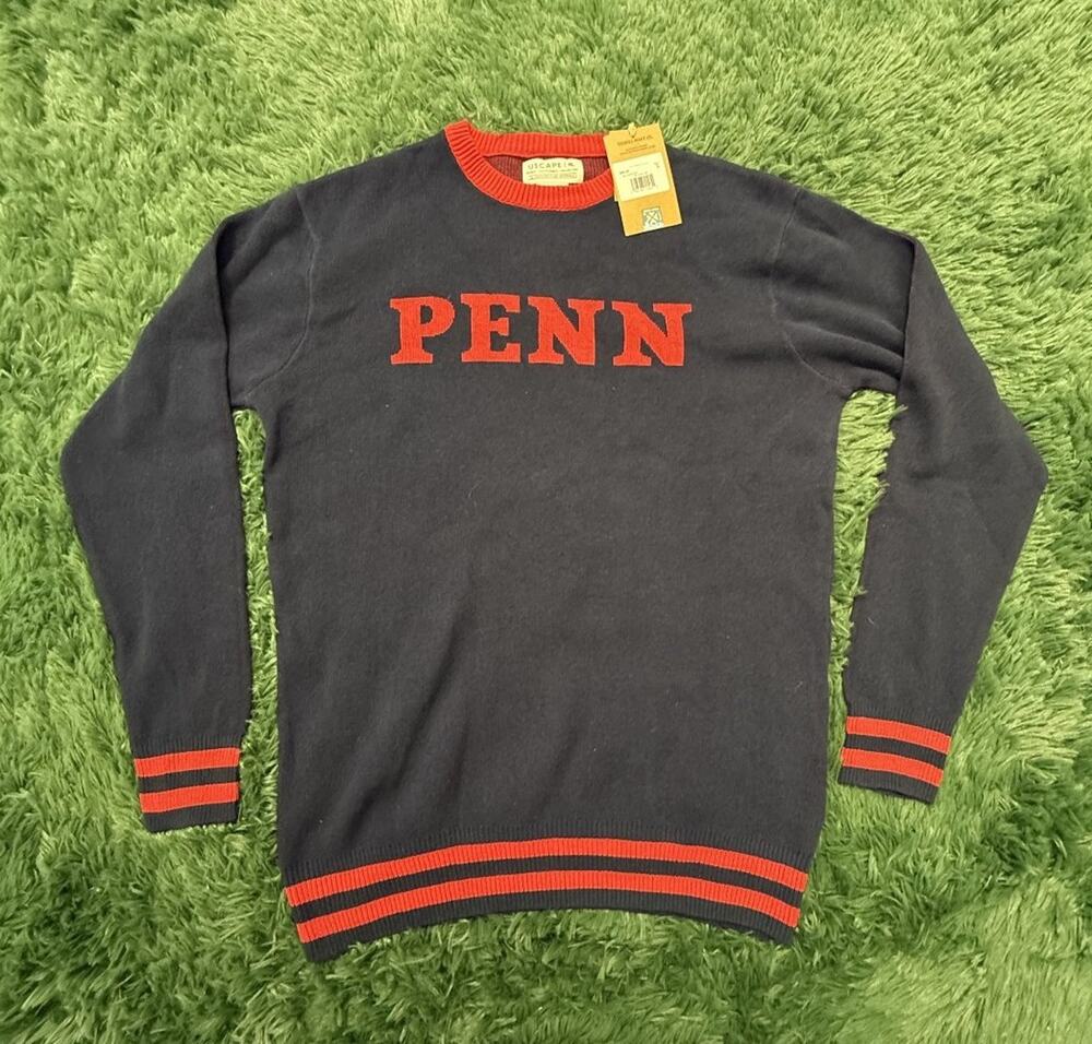 USCAPE | R Men's L Navy Blue Red PENN Recycled Knit Sweater Crew Neck Jumper